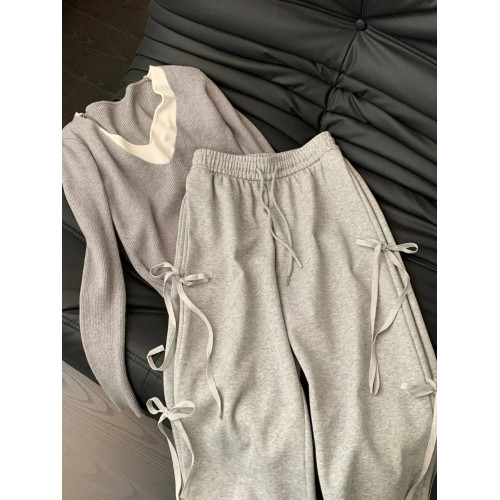 粉色休閒蝴蝶結衛褲女秋冬2024新款系帶寬鬆運動褲高腰直筒濶腿褲