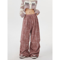 Remedie美式復古燈芯絨工裝褲子直筒運動休閒長褲垂感粉色濶腿褲