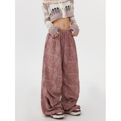 Remedie美式復古燈芯絨工裝褲子直筒運動休閒長褲垂感粉色濶腿褲