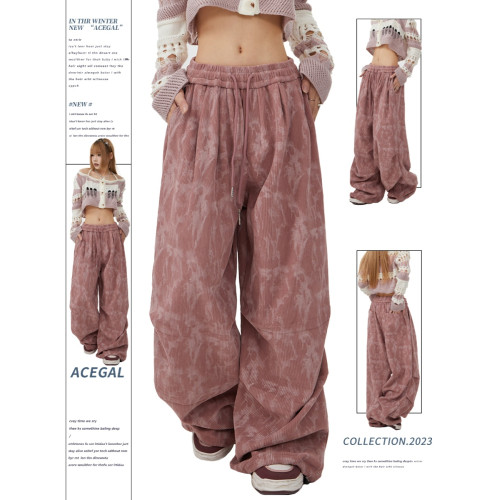 Remedie美式復古燈芯絨工裝褲子直筒運動休閒長褲垂感粉色濶腿褲