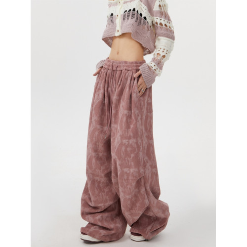 Remedie美式復古燈芯絨工裝褲子直筒運動休閒長褲垂感粉色濶腿褲