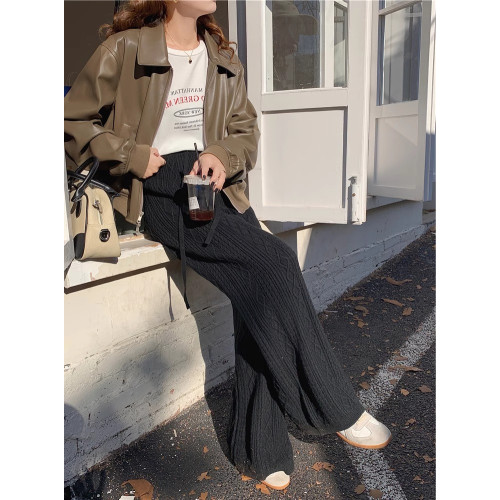 軟糯復古麻花針織毛線褲春秋新款垂感拖地濶腿褲女直筒羊絨長褲子