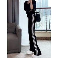 大碼女裝2026春季新款條紋休閒褲女時尚潮流高腰百搭顯瘦微喇叭褲