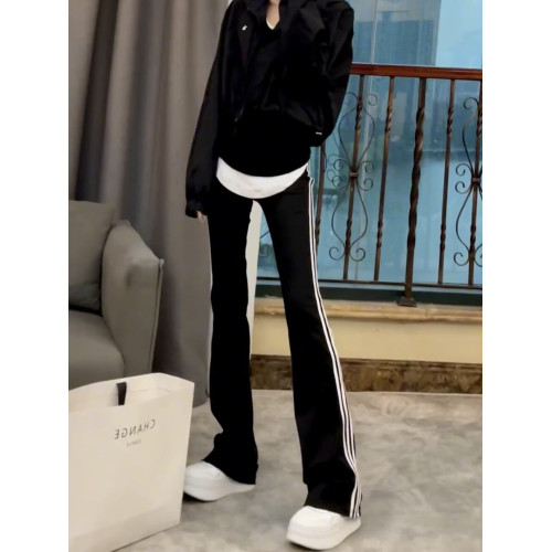 大碼女裝2026春季新款條紋休閒褲女時尚潮流高腰百搭顯瘦微喇叭褲