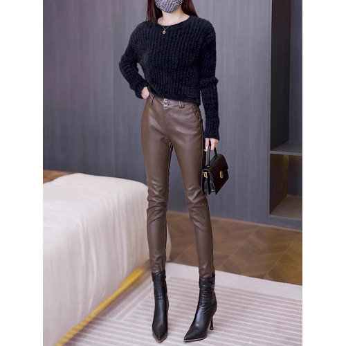 皮褲女2025新款秋冬外穿高腰修身顯瘦休閒小腳PU皮冬季女士長褲子