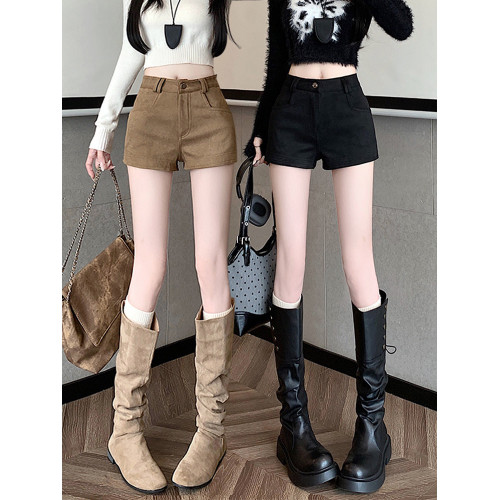 美式復古春秋短褲女外穿2026新款鹿皮絨高腰緊身辣妹a字包臀熱褲