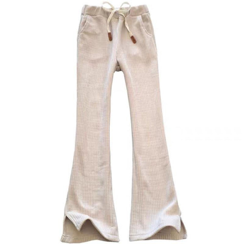 秋冬新款加絨加厚高腰垂感開叉休閒褲子拖地褲顯瘦雪尼爾條絨長褲