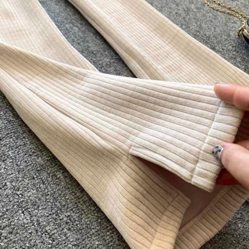 秋冬新款加絨加厚高腰垂感開叉休閒褲子拖地褲顯瘦雪尼爾條絨長褲