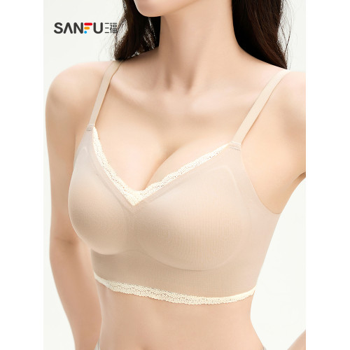 三福 薄B杯無鋼圈聚攏文胸 簡約無感磨毛蕾絲花邊內衣女513361