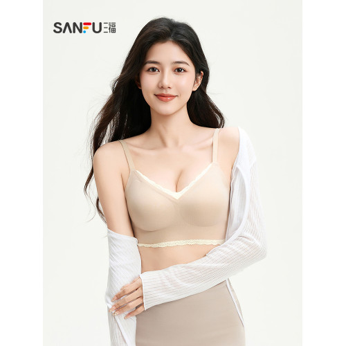 三福 薄B杯無鋼圈聚攏文胸 簡約無感磨毛蕾絲花邊內衣女513361