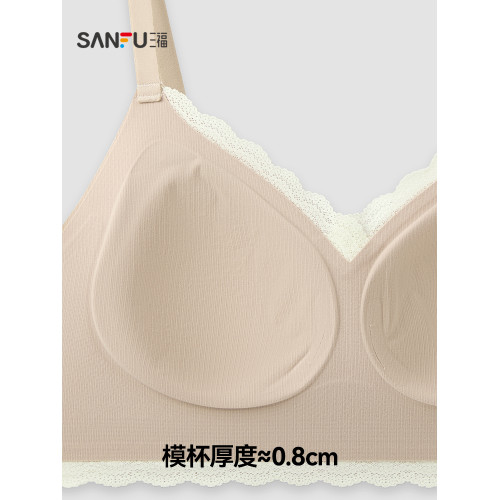三福 薄B杯無鋼圈聚攏文胸 簡約無感磨毛蕾絲花邊內衣女513361