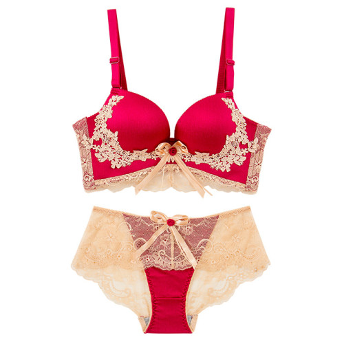 維多利亞新年本命年大紅色內衣女小胸聚攏無鋼圈結婚新娘文胸套裝