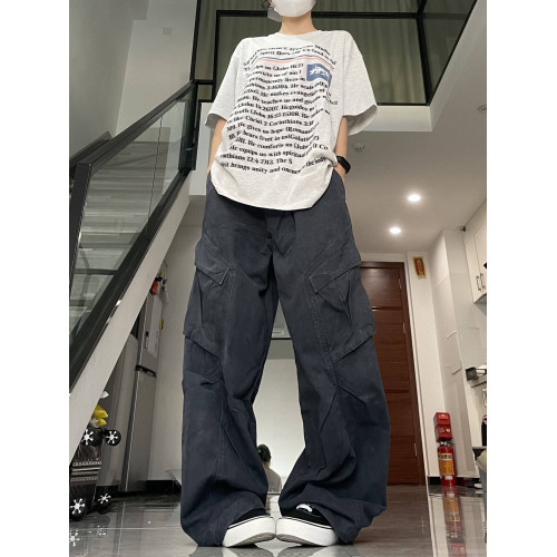 HANBAO漢堡美式復古水洗做舊多口袋工裝褲女濶腿寬鬆直筒百搭長褲