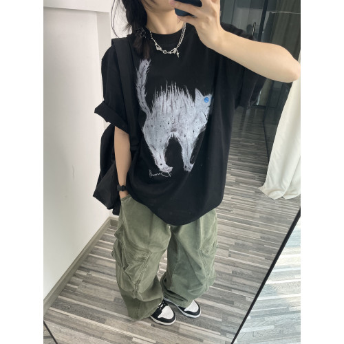 HANBAO漢堡美式復古水洗做舊多口袋工裝褲女濶腿寬鬆直筒百搭長褲