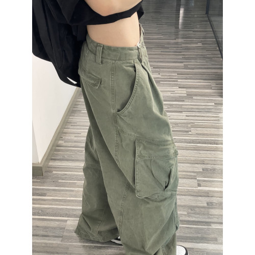 HANBAO漢堡美式復古水洗做舊多口袋工裝褲女濶腿寬鬆直筒百搭長褲