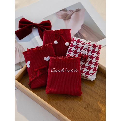 馬年紅色內褲女純棉抗菌全棉檔中腰愛心本命年結婚蕾絲邊三角短褲