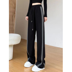 高個子春秋濶腿褲女秋冬加絨垂墜感拼接直筒加長拖地運動窄版衛褲