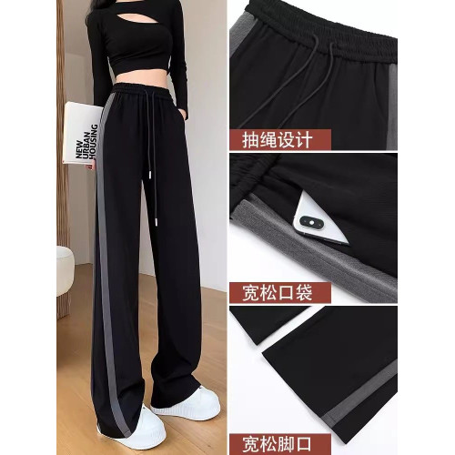 高個子春秋濶腿褲女秋冬加絨垂墜感拼接直筒加長拖地運動窄版衛褲