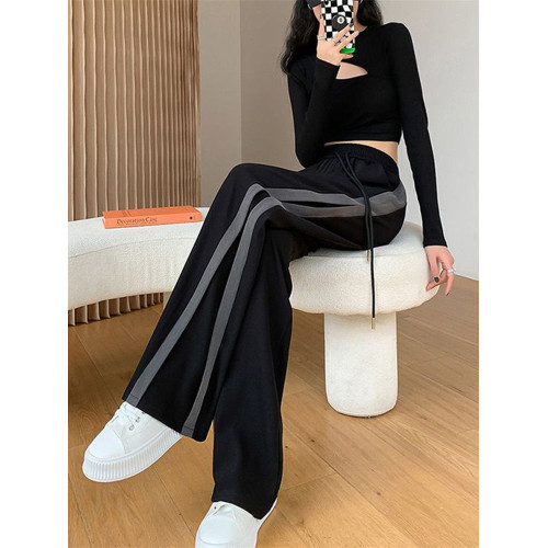 高個子春秋濶腿褲女秋冬加絨垂墜感拼接直筒加長拖地運動窄版衛褲