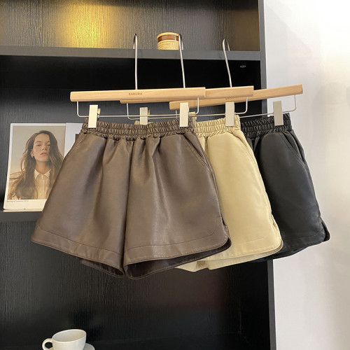 松緊高腰PU皮A字休閒短褲女2023秋裝韓版時尚百搭黑色濶腿靴褲子