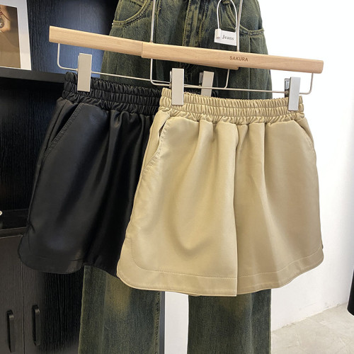 松緊高腰PU皮A字休閒短褲女2023秋裝韓版時尚百搭黑色濶腿靴褲子