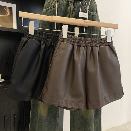 松緊高腰PU皮A字休閒短褲女2023秋裝韓版時尚百搭黑色濶腿靴褲子