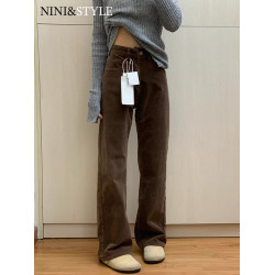 咖色燈芯絨濶腿褲女秋冬季2025新款高腰顯瘦窄版棕色休閒直筒褲子