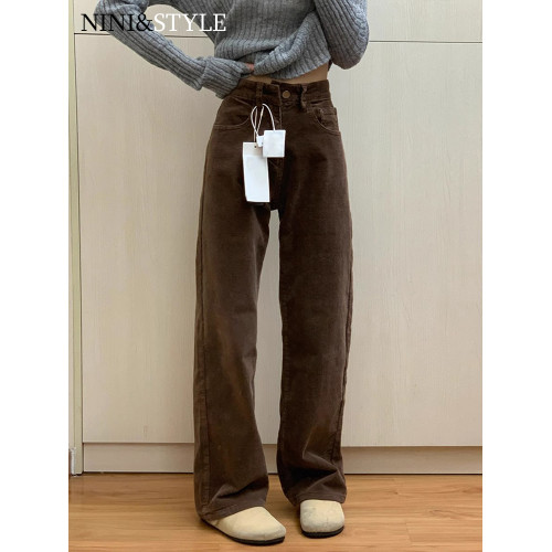 咖色燈芯絨濶腿褲女秋冬季2025新款高腰顯瘦窄版棕色休閒直筒褲子