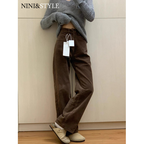 咖色燈芯絨濶腿褲女秋冬季2025新款高腰顯瘦窄版棕色休閒直筒褲子