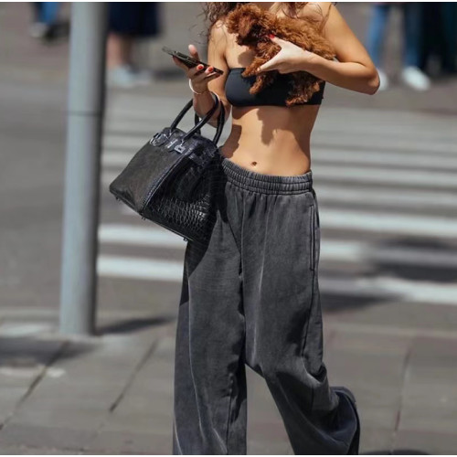 美式復古抽繩水洗款春季新款高腰垂感直筒褲顯瘦