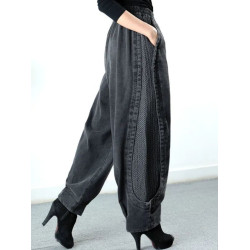 春秋新款加絨加厚牛仔燈籠褲女寬鬆復古濶腿哈倫褲大碼蘿蔔休閒褲