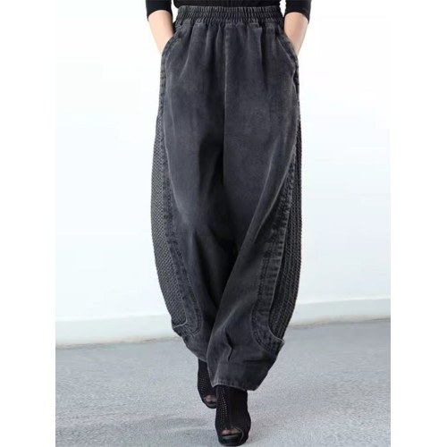 春秋新款加絨加厚牛仔燈籠褲女寬鬆復古濶腿哈倫褲大碼蘿蔔休閒褲