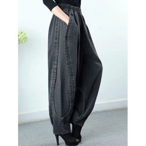 春秋新款加絨加厚牛仔燈籠褲女寬鬆復古濶腿哈倫褲大碼蘿蔔休閒褲