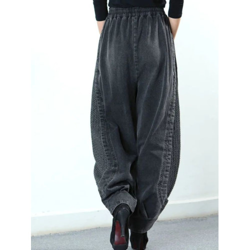 春秋新款加絨加厚牛仔燈籠褲女寬鬆復古濶腿哈倫褲大碼蘿蔔休閒褲