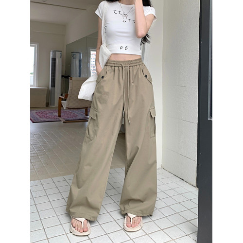 PPHOME拽酷先鋒~美式口袋工裝褲女夏季高腰濶腿休閒褲運動褲長褲