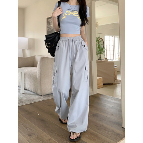 PPHOME拽酷先鋒~美式口袋工裝褲女夏季高腰濶腿休閒褲運動褲長褲