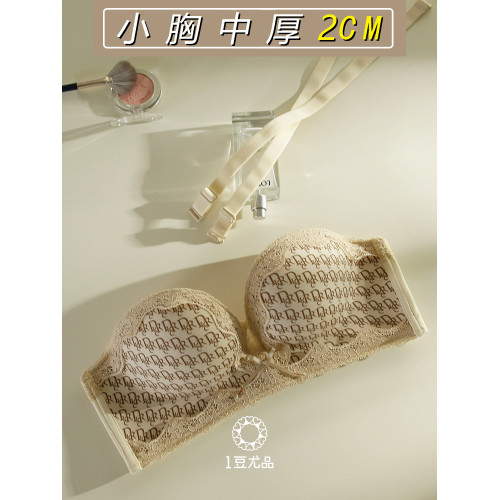 中厚2CM小胸聚攏蕾絲內衣女收副乳防下垂無鋼圈無肩帶抹胸文胸罩