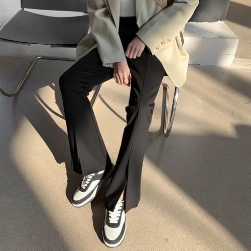 大碼女裝開叉高腰微喇叭褲2025新款秋季顯瘦休閒梨形身材濶腿長褲