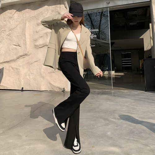 大碼女裝開叉高腰微喇叭褲2025新款秋季顯瘦休閒梨形身材濶腿長褲