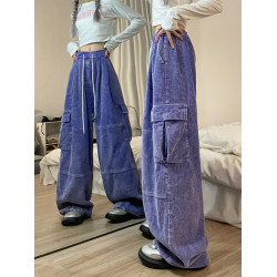opoism美式復古原創燈芯絨工裝褲女濶腿拖地直筒褲加厚水洗做舊潮