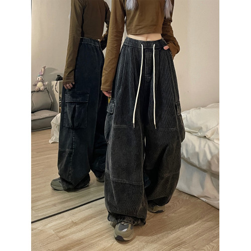 opoism美式復古原創燈芯絨工裝褲女濶腿拖地直筒褲加厚水洗做舊潮