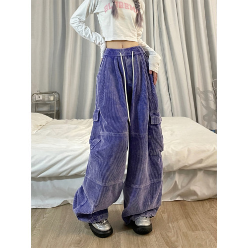 opoism美式復古原創燈芯絨工裝褲女濶腿拖地直筒褲加厚水洗做舊潮