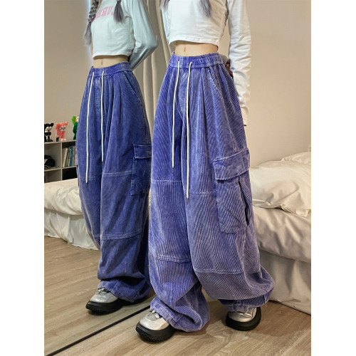 opoism美式復古原創燈芯絨工裝褲女濶腿拖地直筒褲加厚水洗做舊潮