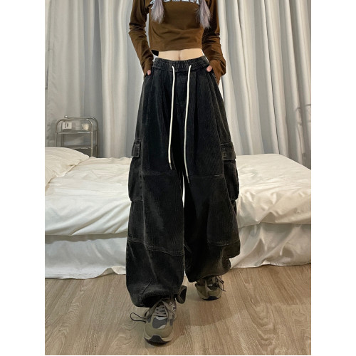 opoism美式復古原創燈芯絨工裝褲女濶腿拖地直筒褲加厚水洗做舊潮