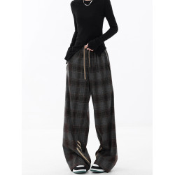 KEN STUDIO秋冬加絨休閒運動格子褲女拼接三條杠濶腿褲拖地褲褲子