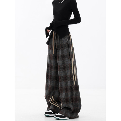 KEN STUDIO秋冬加絨休閒運動格子褲女拼接三條杠濶腿褲拖地褲褲子
