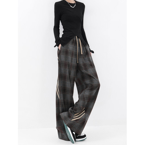 KEN STUDIO秋冬加絨休閒運動格子褲女拼接三條杠濶腿褲拖地褲褲子