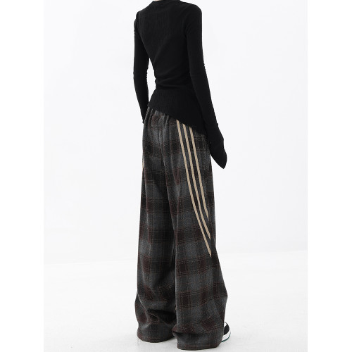 KEN STUDIO秋冬加絨休閒運動格子褲女拼接三條杠濶腿褲拖地褲褲子