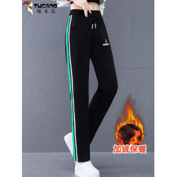 啄木鳥純棉休閒褲女春秋季2025新款直筒運動褲子寬鬆秋冬加絨衛褲