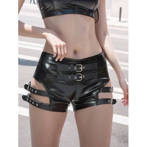 漆皮彈力短褲演出服性感辣妹打底靴褲女低腰露肚臍pu皮超短熱褲子